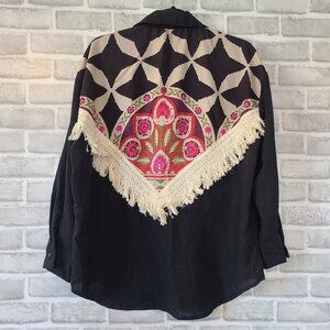 Touche Black Fringe Detail Color Insert Blouse Shirt Button Up Medium NWT